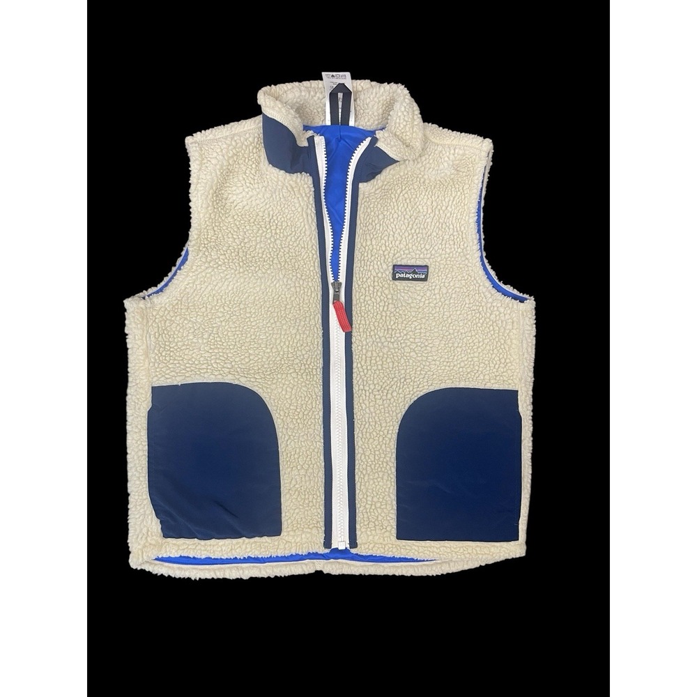 Patagonia Kids RetroX Fleece Full Zip Sleeveless Vest Size M Natural/Blue Trim